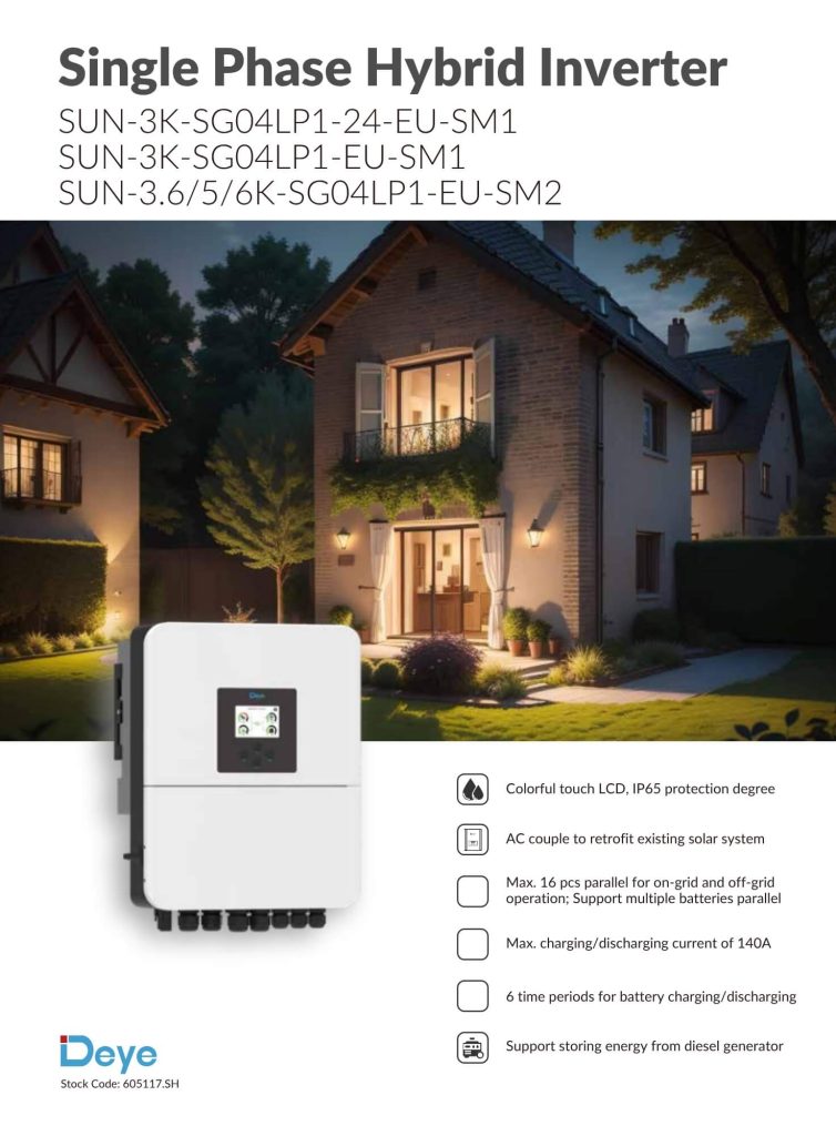 Thông số kỹ thuật của SUN-5K-SG04LP1-EU-SM2 về pin lưu trữ, đầu vào PV, đầu ra AC và hiệu suất.