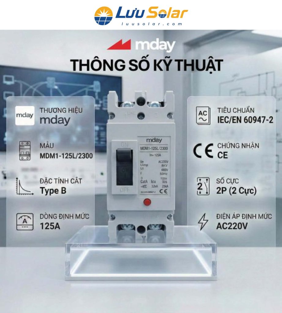 CB AC 125A 2P Mday MJC Series với dòng định mức 125A, cấu hình 2P và đặc tính cắt Type B.