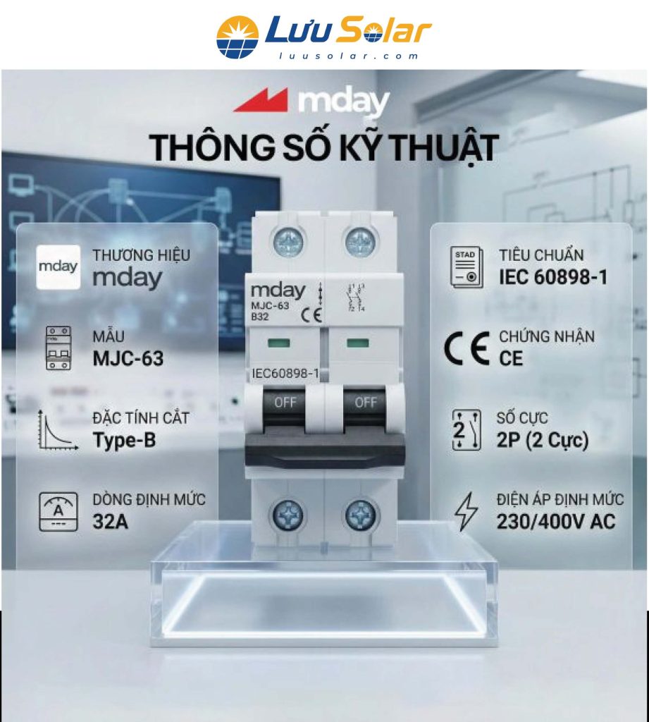 CB AC 32A 2P Mday MJC-63 B32 Type-B với dòng định mức 32A, cấu hình 2P và điện áp 230/400V AC.