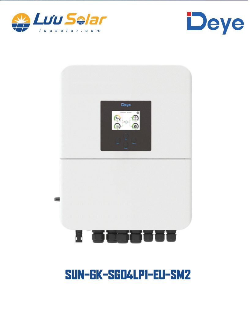 Deye SUN-6K-SG04LP1-EU-SM2 là biến tần Hybrid 1 pha công suất AC định mức 6.000W, hỗ trợ hệ thống điện mặt trời có lưu trữ.