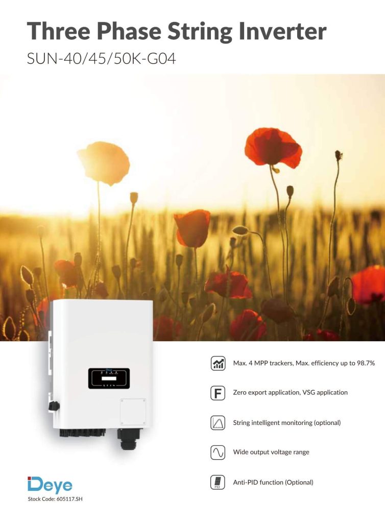 Dòng Inverter Deye SUN-50K-G04 hỗ trợ tối đa 4 MPPT, hiệu suất chuyển đổi tối đa 98,7% và các tính năng như Zero Export, VSG cùng giám sát chuỗi thông minh tùy chọn.