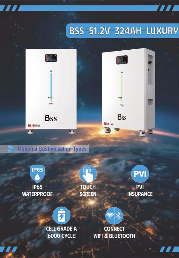 BSS-51.2V-324Ah-Luxury là pin lưu trữ LiFePO4 51.2V 324Ah, năng lượng danh định 16.6kWh và cycle life được công bố 6.000 cycles theo điều kiện 0.5C, 80% DOD và 80% EOL.