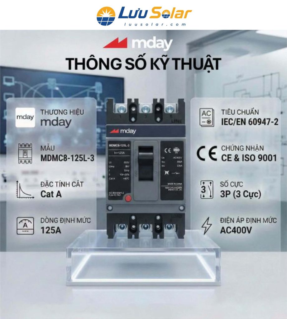 Bảng thông số kỹ thuật aptomat MCCB 3 pha Mday 125A MDMC8-125L-3