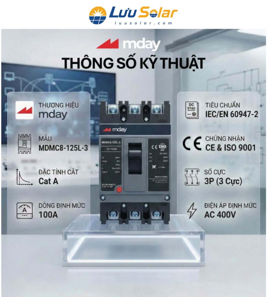 Bảng tổng hợp thông số kỹ thuật và các tiêu chuẩn an toàn quốc tế IEC/EN 60947-2, CE, ISO 9001 của MCCB Mday 100A.