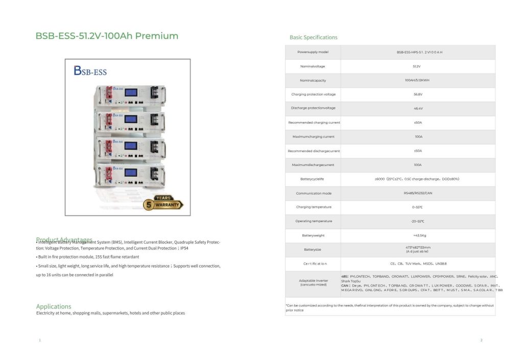 Bảng thông số kỹ thuật và danh mục Inverter tương thích với pin lưu trữ BSB ESS 51.2V 100Ah