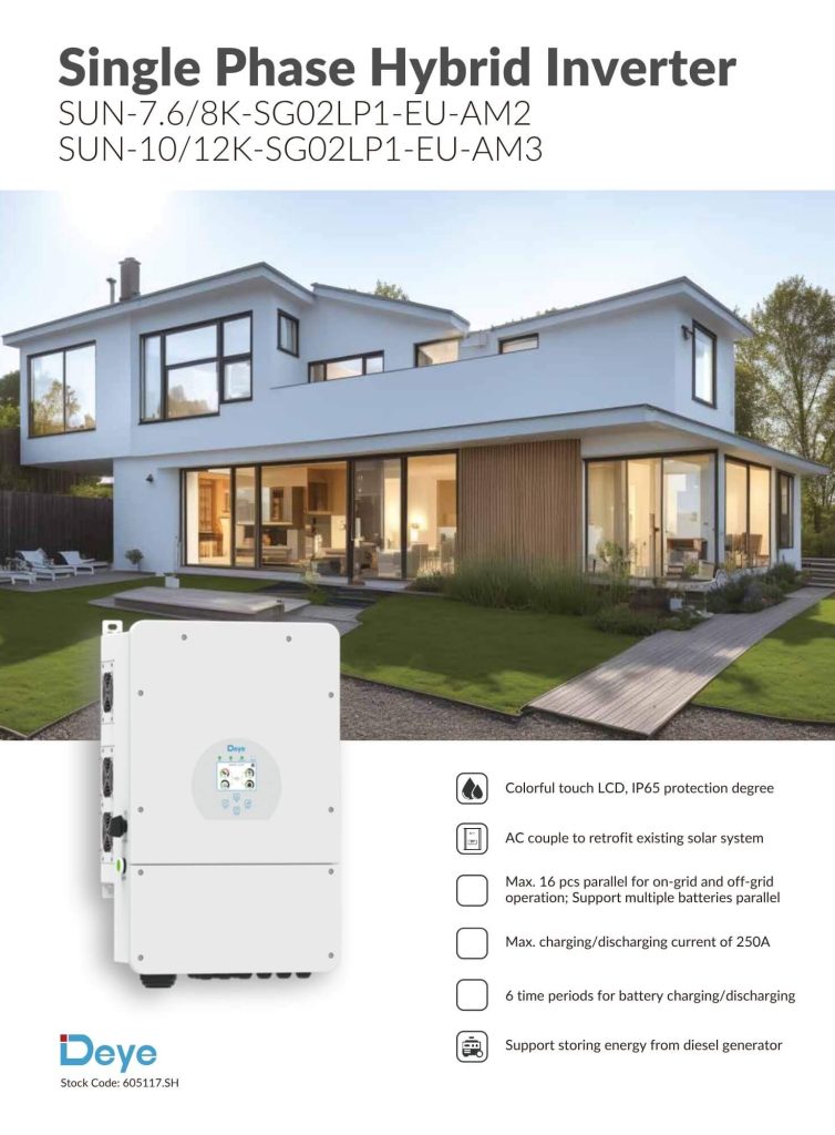 Deye 12kW 1 pha Inverter Hybrid hỗ trợ dòng sạc xả tối đa 250A, thiết lập 6 thời gian sạc xả pin, AC coupling và vận hành song song tối đa 16 thiết bị.
