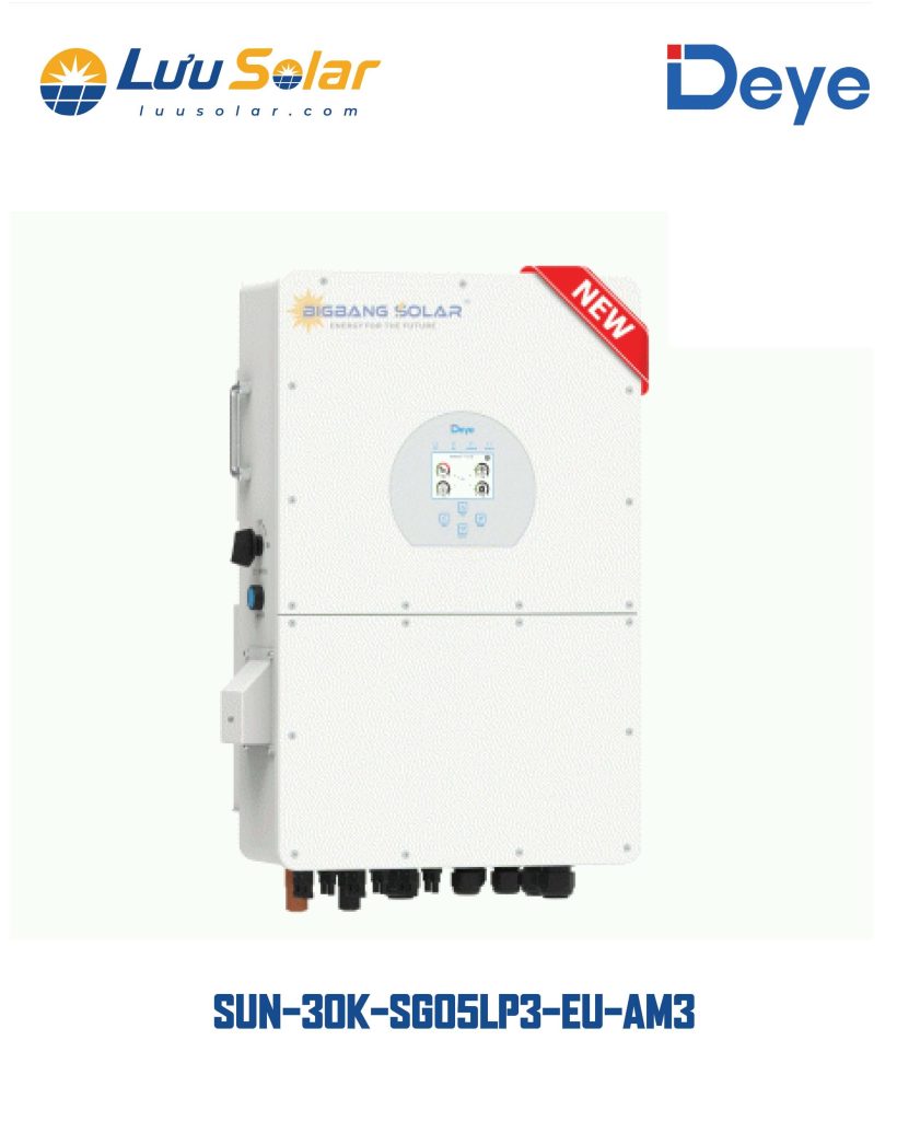 Inverter hybrid Deye SUN-30K-SG02HP3-EU-AM3 công suất 30kW, thiết kế cho hệ thống điện mặt trời 3 pha kết hợp lưu trữ năng lượng.