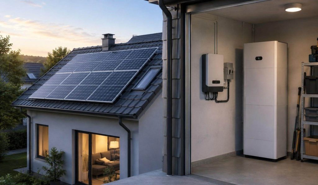 Hệ thống điện mặt trời Hybrid kết hợp tấm pin năng lượng mặt trời, biến tần Hybrid và pin lưu trữ để quản lý nguồn điện phục vụ nhu cầu sử dụng trong gia đình.