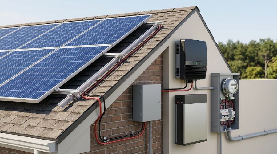 Cấu tạo hệ thống điện năng lượng mặt trời gồm tấm pin, inverter, pin lưu trữ và hệ thống khung giá đỡ cùng các phụ kiện đi kèm.