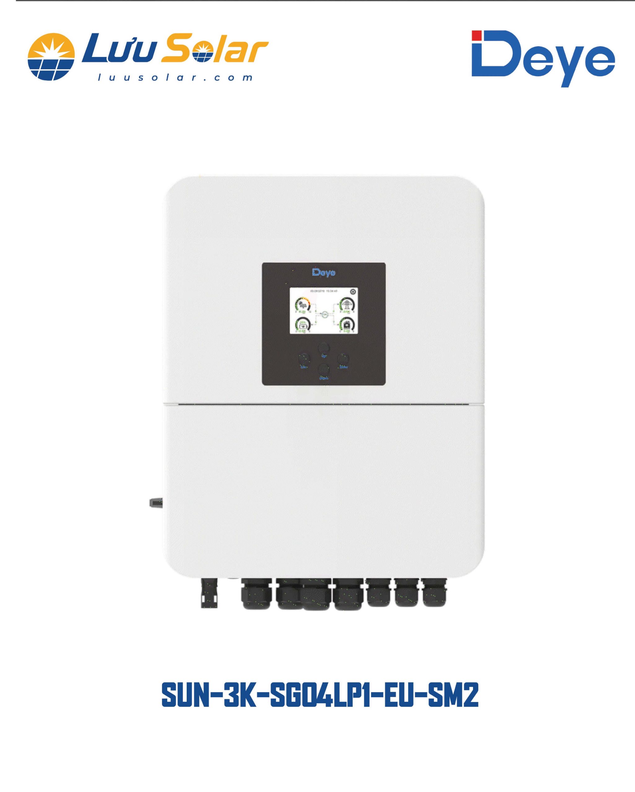 Biến tần Hybrid DEYE SUN-3K-SG04LP1-EU-SM1 công suất AC định mức 3.000W, hỗ trợ hệ thống PV và pin lưu trữ.