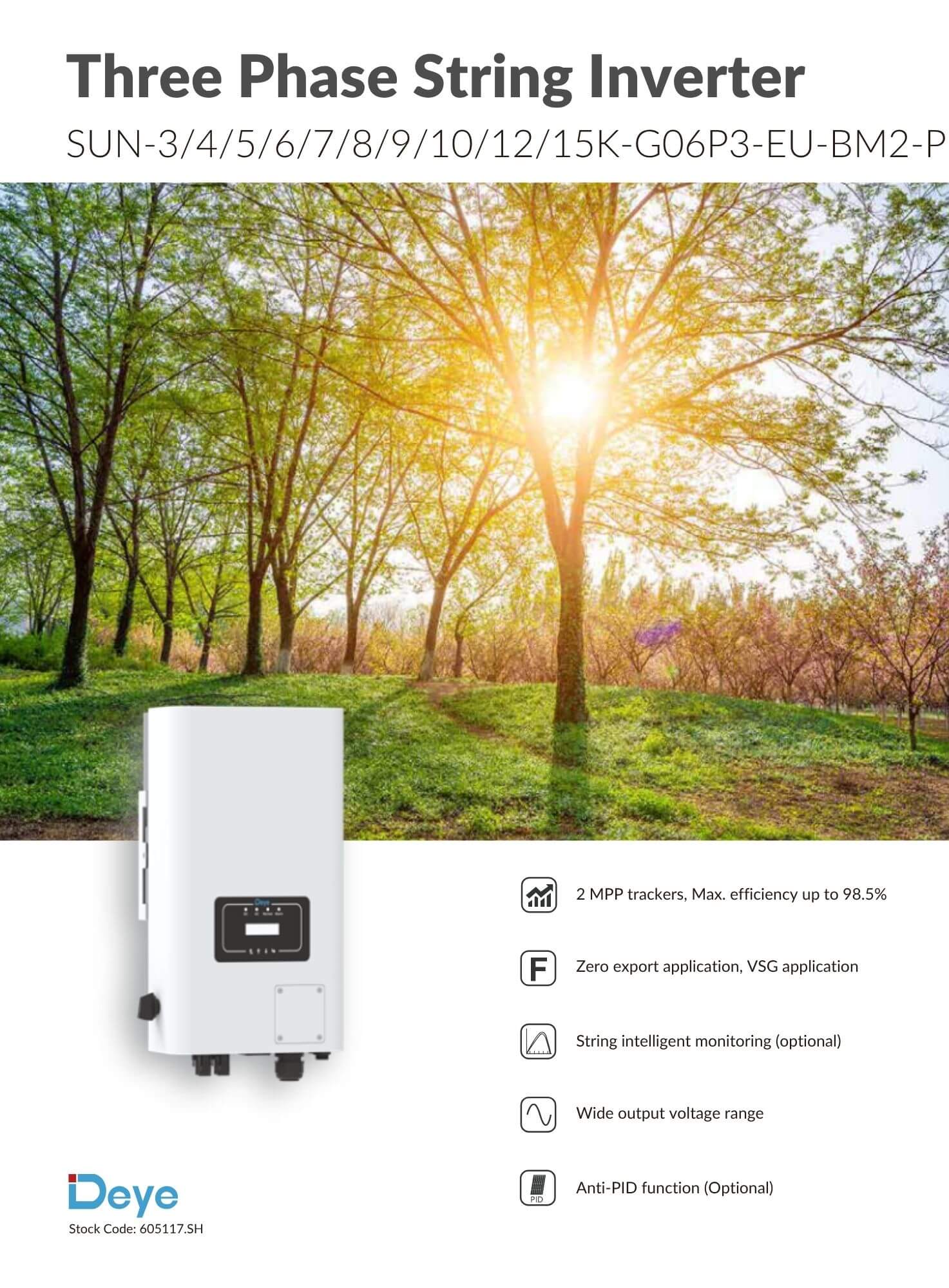 Biến tần DEYE 10KW 3 pha được trang bị 2 MPPT, hỗ trợ Zero Export, dải điện áp MPPT rộng và hiệu suất chuyển đổi lên đến 98,3% theo thông số từ nhà sản xuất.