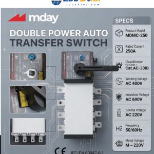 ATS chuyển mạch 250A 4P MDAY MDMC-250 với dòng định mức 250A, điện áp làm việc AC 400V và điện áp điều khiển AC 220V.