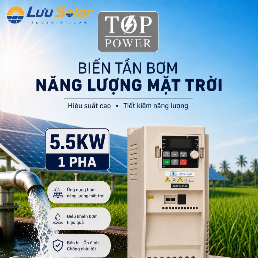 Biến Tần Bơm Nước Năng Lượng Mặt Trời TOP POWER 5.5KW 1 Pha giúp điều khiển hệ thống bơm ổn định, phù hợp cho các ứng dụng sử dụng điện mặt trời.