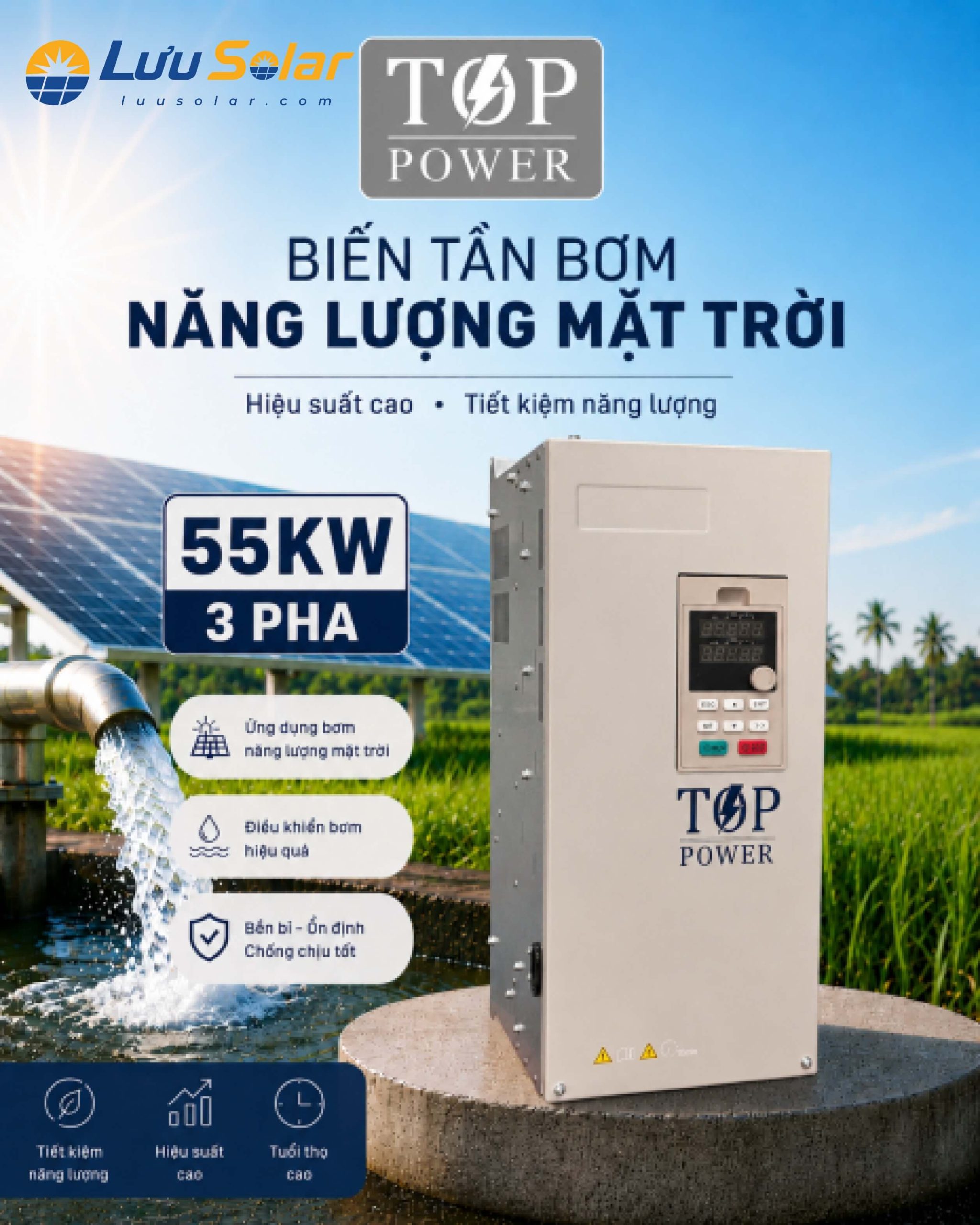 Biến tần bơm nước năng lượng mặt trời TOP POWER 55kW 3 pha cho hệ thống bơm sử dụng điện mặt trời.