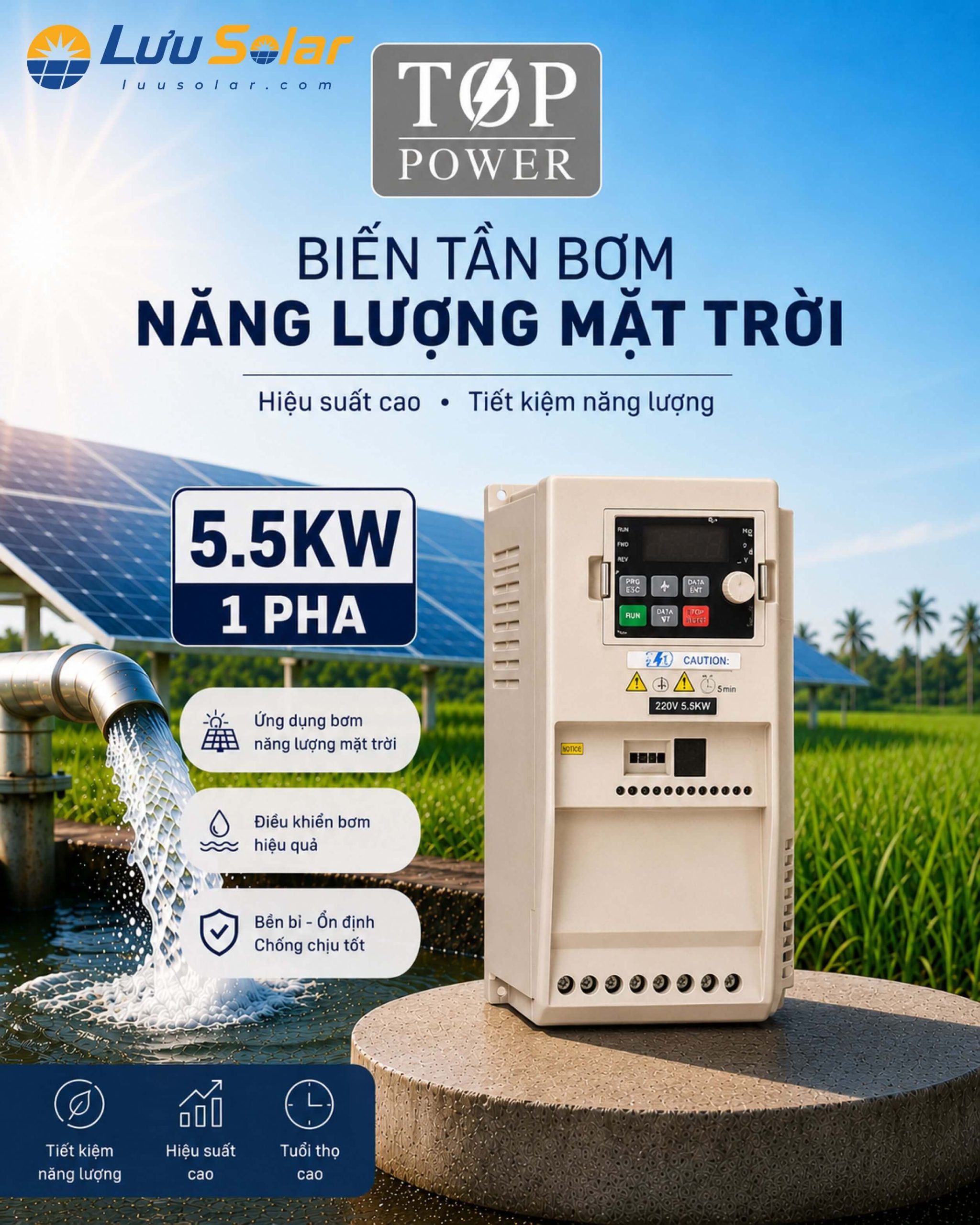 Biến tần TOP POWER FD20 tích hợp điều khiển PID, RS485 cùng nhiều chức năng bảo vệ, đáp ứng nhu cầu vận hành hệ thống bơm nước năng lượng mặt trời.