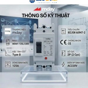 CB AC 125A 2P Mday MJC Series với dòng định mức 125A, cấu hình 2P và đặc tính cắt Type B.