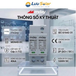 Chống sét lan truyền DC SPD-1000V-2P MDAY MDN40-DC Type 2, điện áp PV tối đa 1000V DC, dòng xả cực đại 40kA cho hệ thống điện mặt trời