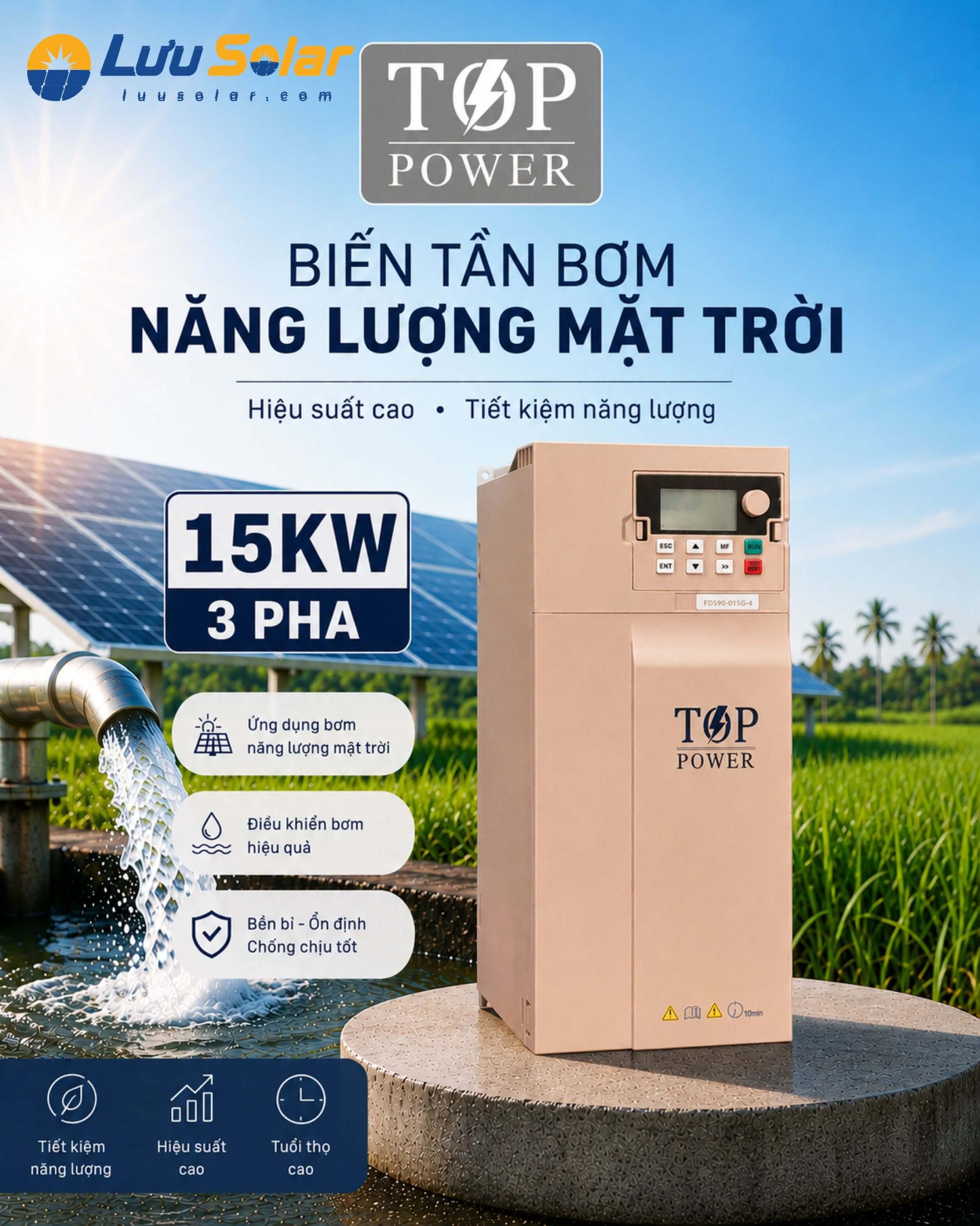 Ứng dụng biến tần TOP POWER FD590 15kW trong hệ thống bơm tưới nông nghiệp tự động.