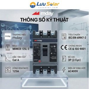 Thiết bị đóng cắt CB AC 125A 3P Mday MDMC8-125L-3 với dòng định mức 125A, điện áp AC400V đạt tiêu chuẩn IEC/EN 60947-2.