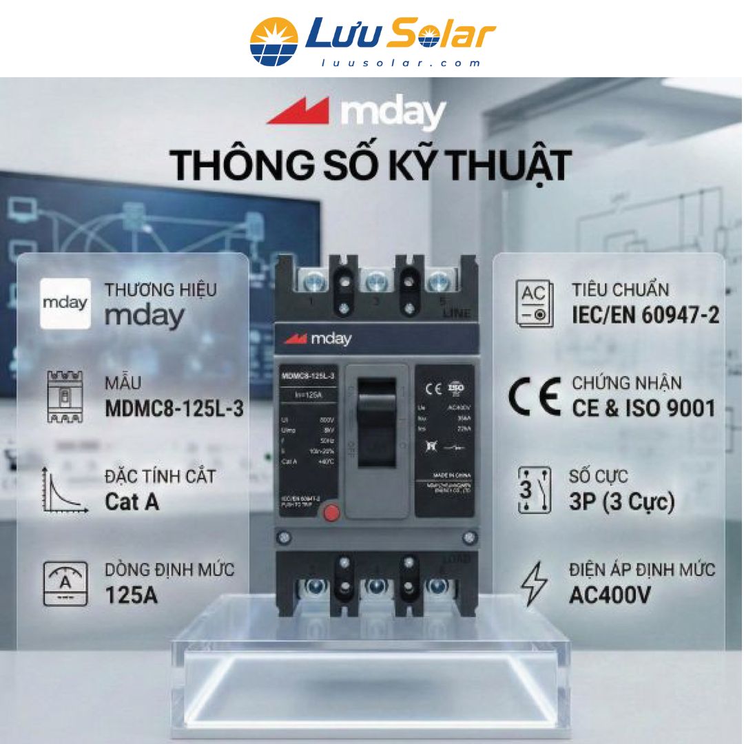 Thiết bị đóng cắt CB AC 125A 3P Mday MDMC8-125L-3 với dòng định mức 125A, điện áp AC400V đạt tiêu chuẩn IEC/EN 60947-2.