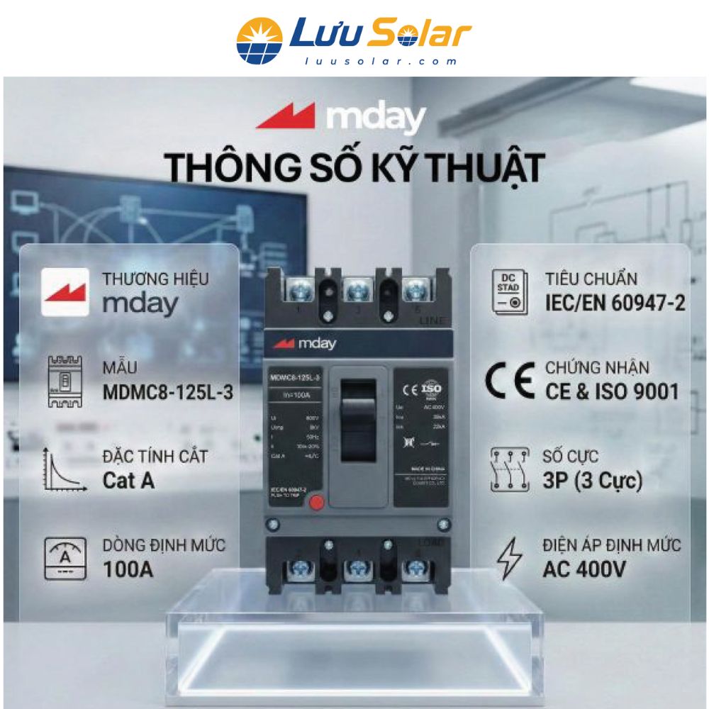 Cầu dao khối MCCB Mday MDMC8-125L-3 100A 3P chính hãng bảo vệ an toàn cho hệ thống điện 3 pha công nghiệp.