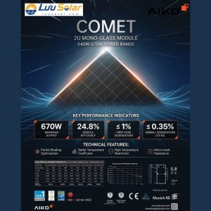 Tấm Pin NLMT COMET 640W–670W Mono-Glass Công Nghệ N-Type AIKO Solar sử dụng công nghệ N-Type ABC với hiệu suất chuyển đổi lên đến 24,8%.