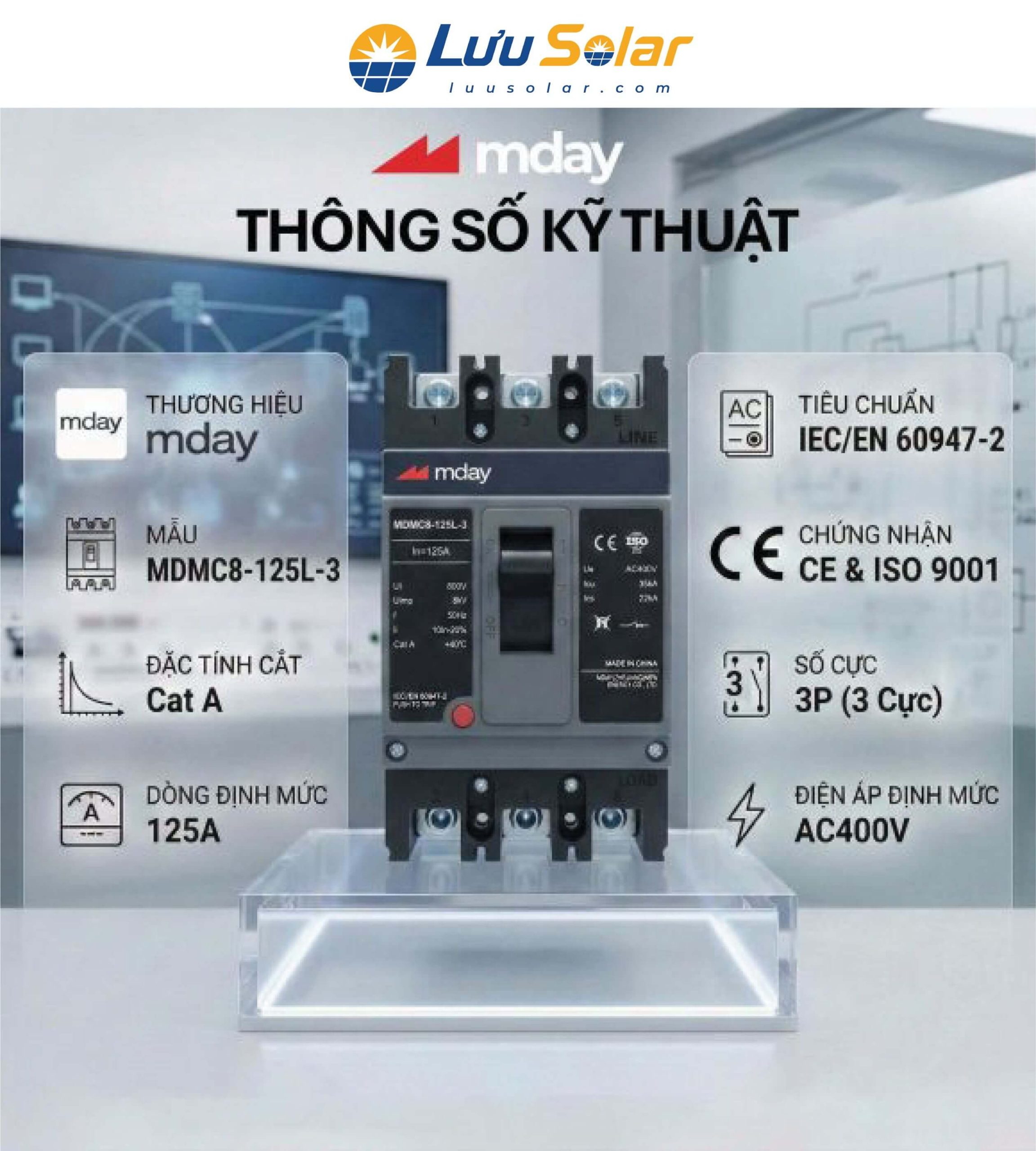 Bảng thông số kỹ thuật aptomat MCCB 3 pha Mday 125A MDMC8-125L-3