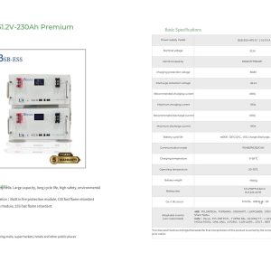 Bảng thông số kỹ thuật chi tiết pin lưu trữ điện mặt trời BSB-ESS 51.2V 230Ah Premium