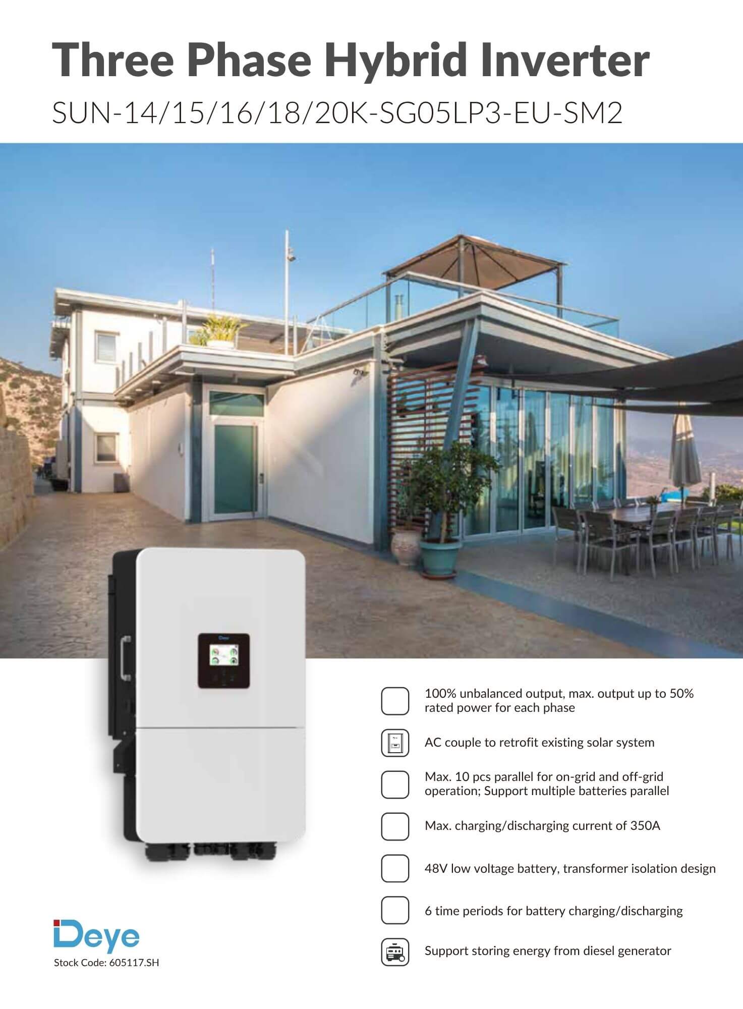 Giải pháp điện mặt trời lưu trữ 3 pha Deye 20kW ứng dụng tối ưu cho các biệt thự, nhà xưởng và mô hình thương mại.