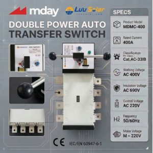 ATS 4P 400A – SOLAR BACKUP 2 (MDMC-400) với dòng điện định mức 400A và điện áp làm việc AC 400V.