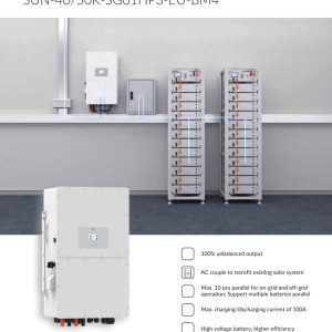 Deye 50kW Hybrid hỗ trợ kết hợp pin lithium điện áp cao, mở rộng hệ thống và vận hành linh hoạt trong các cấu hình điện mặt trời.