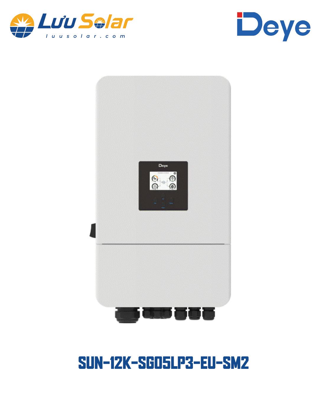 Inverter Hybrid Deye SUN-12K-SG05LP3-EU-SM2 công suất 12kW, thiết kế cho hệ thống điện mặt trời 3 pha với khả năng kết hợp lưu trữ và mở rộng hệ thống theo cấu hình phù hợp.