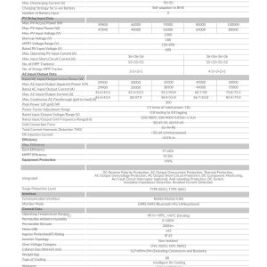 Thông số kỹ thuật của Deye SUN-50K-SG01HP3-EU-BM4 với công suất AC 50kW, PV tối đa 80kW và hệ pin lithium 160–800V.